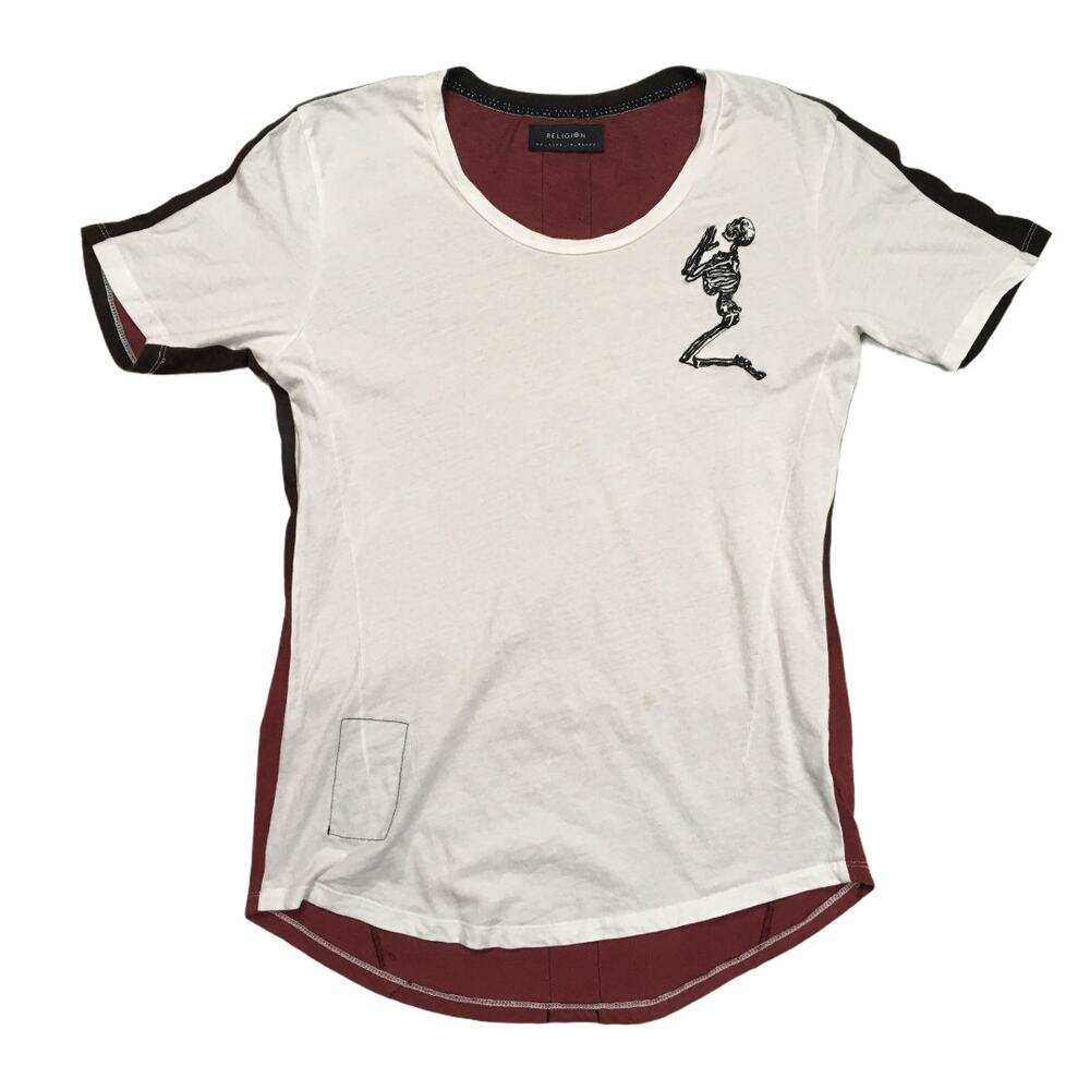 Religion T-Shirt Short Sleeve Praying Skeleton Tee‎ Men's Small White Burgundy